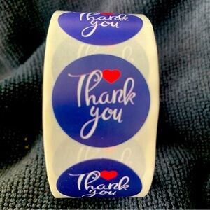 Thank You Sticker Labels 100 labels on roll. 1” Round NWT Navy Blue white